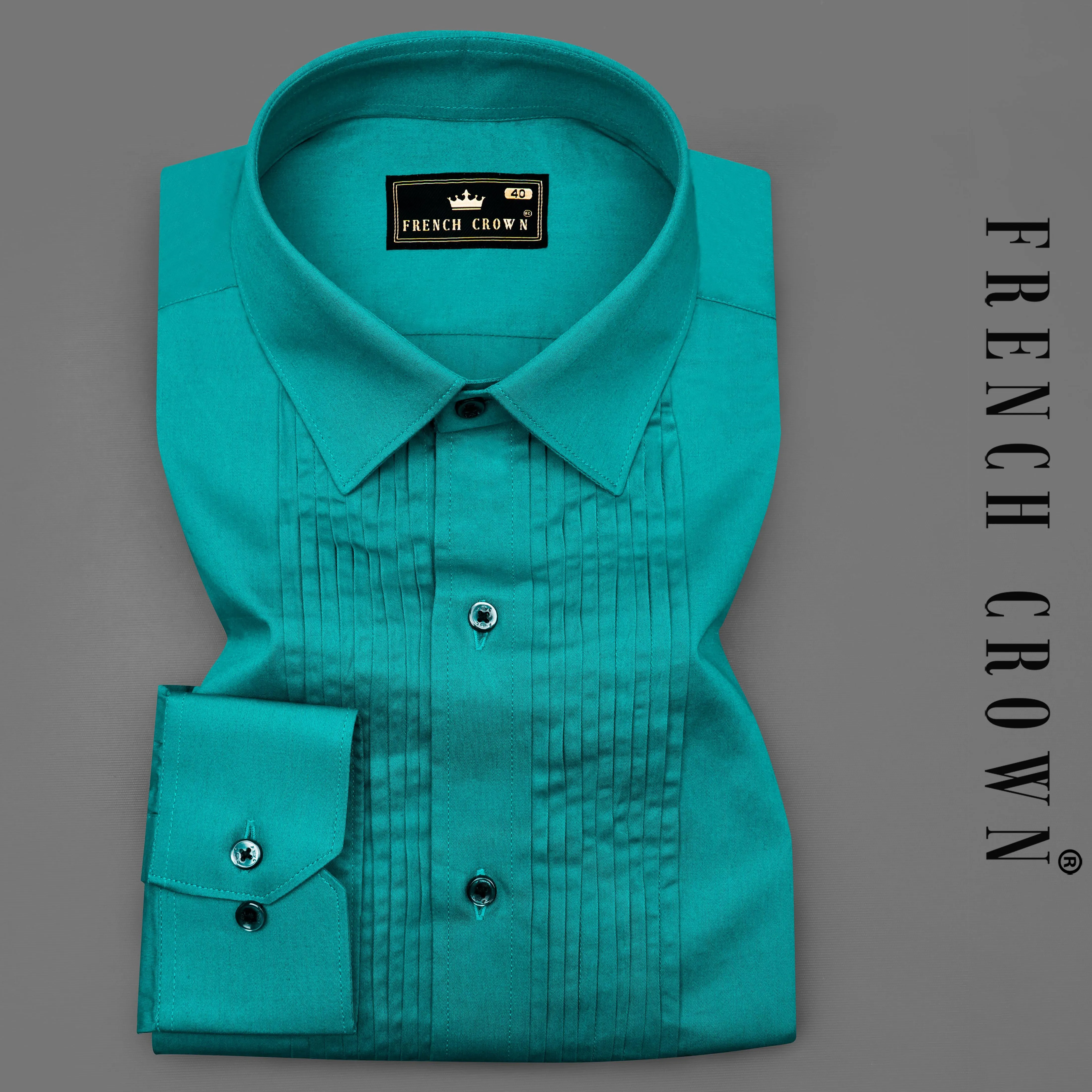 Teal Blue Subtle Sheen Snake Pleated Super Soft Premium Cotton Tuxedo Shirt sold by French Crown