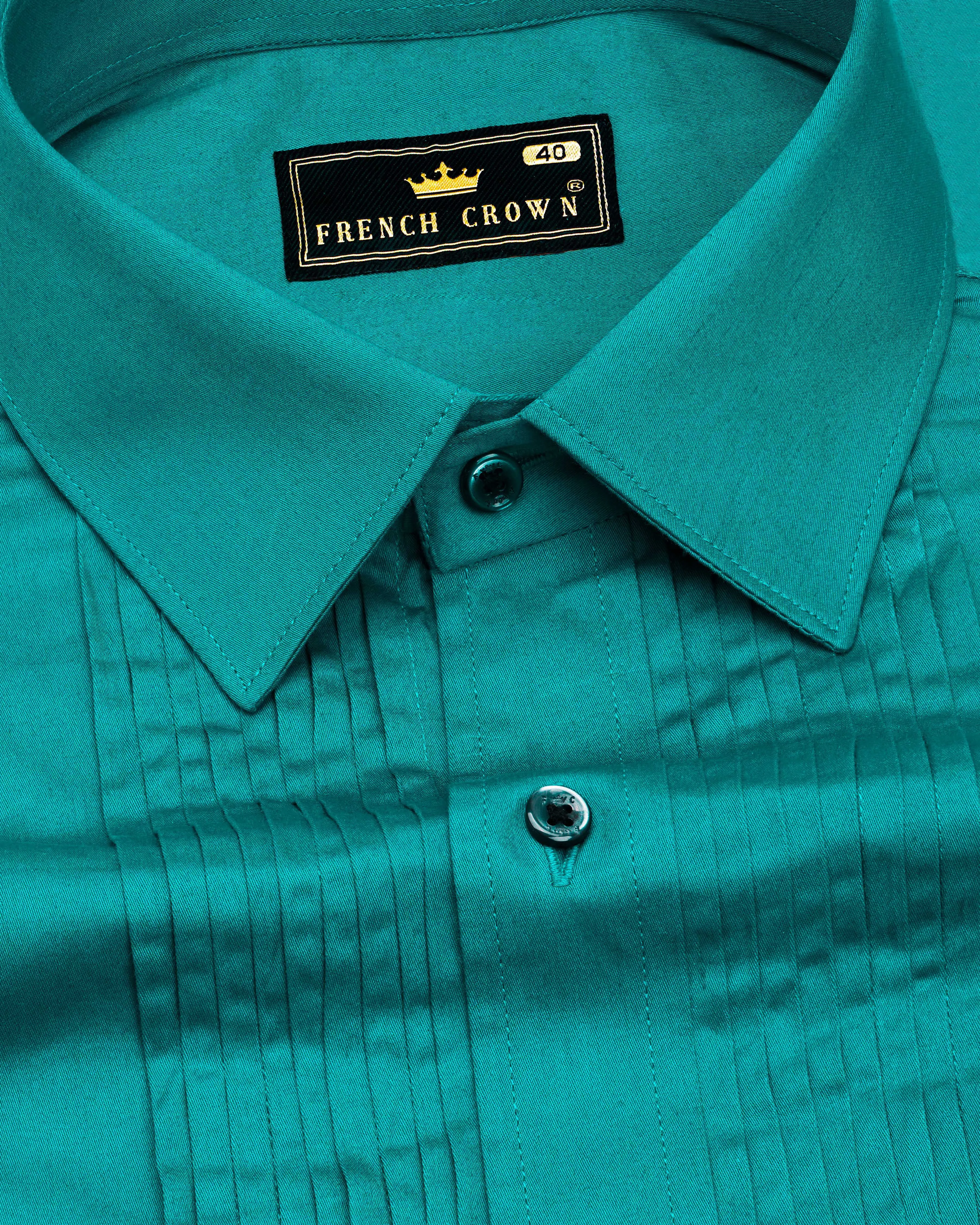 Teal Blue Subtle Sheen Snake Pleated Super Soft Premium Cotton Tuxedo Shirt sold by French Crown product image thumbnail 4