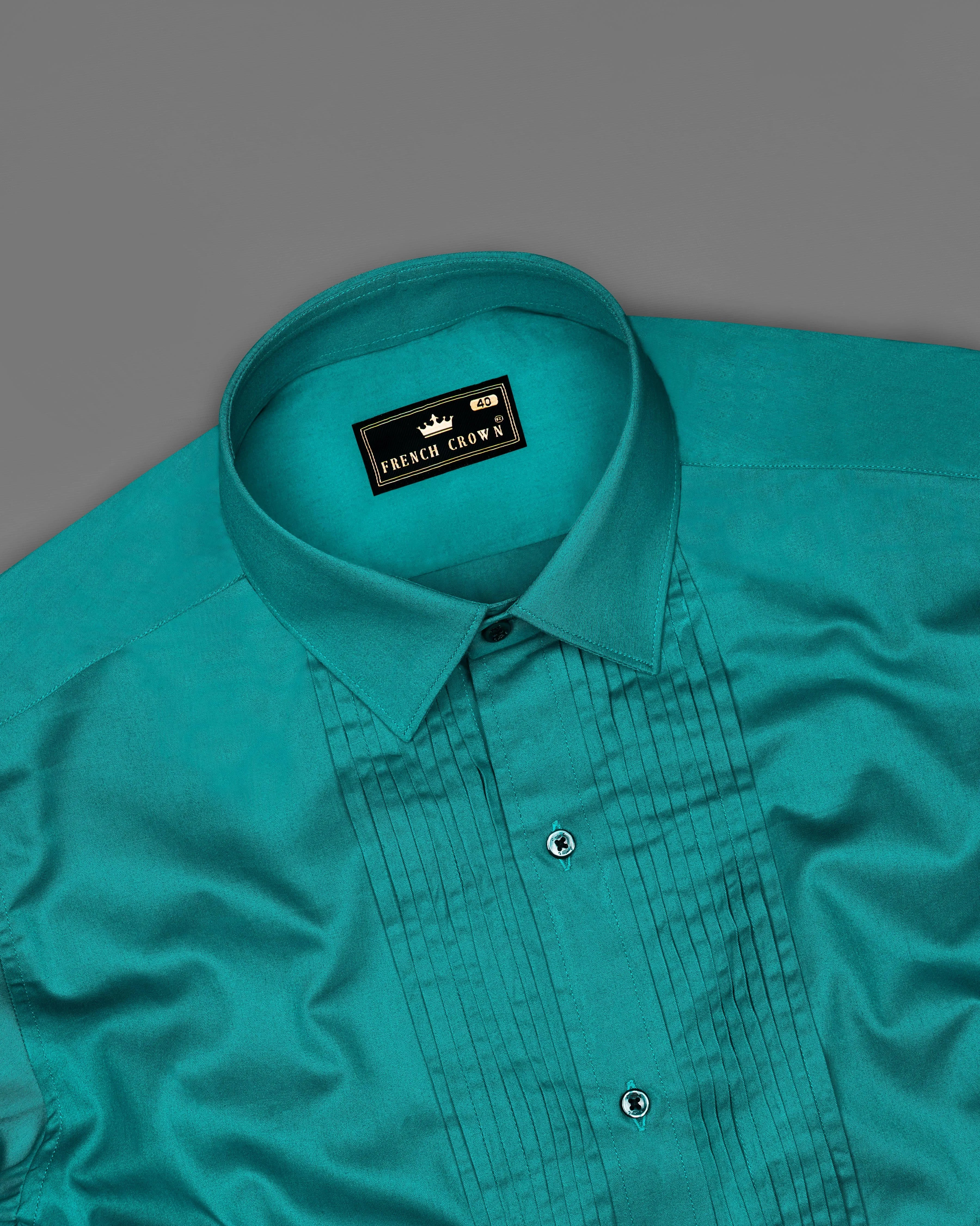 Teal Blue Subtle Sheen Snake Pleated Super Soft Premium Cotton Tuxedo Shirt sold by French Crown product image thumbnail 5