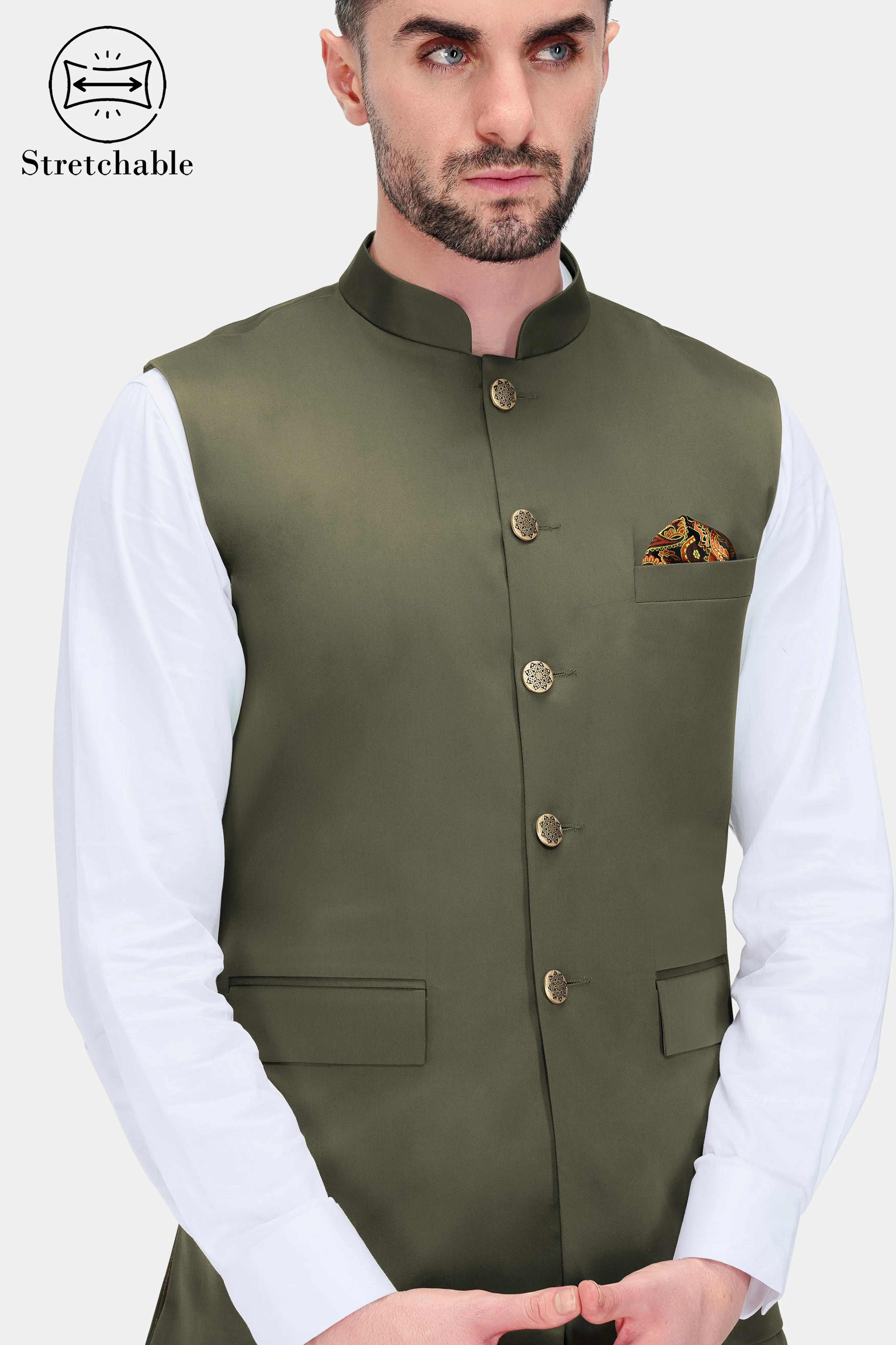 Hemlock Green Premium Cotton Stretchable Traveler Nehru Jacket sold by French Crown product image thumbnail 2