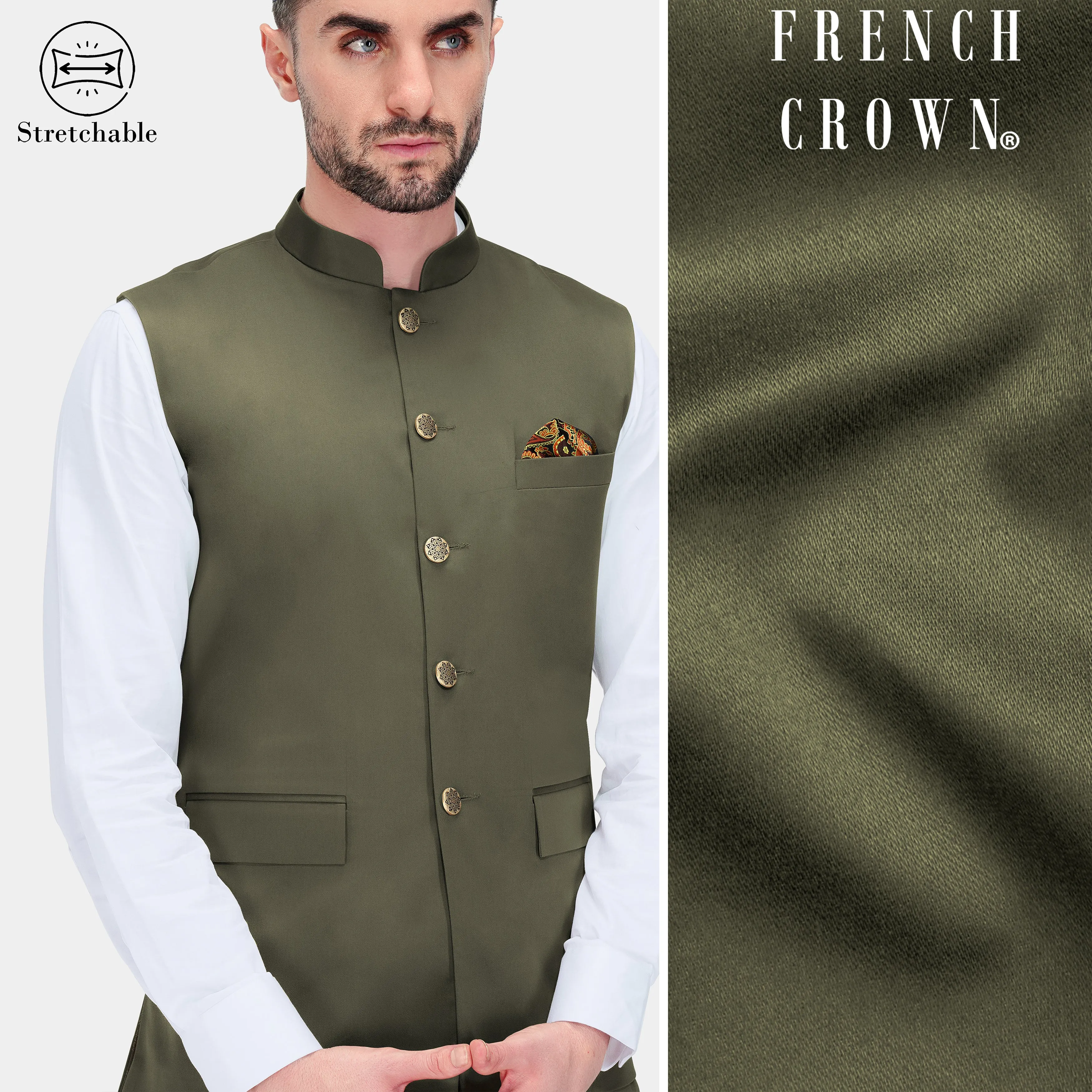Hemlock Green Premium Cotton Stretchable Traveler Nehru Jacket sold by French Crown