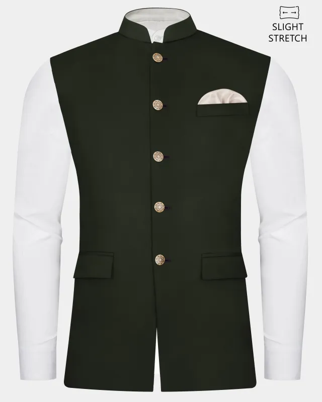 Verdant Majesty-Juniper Green Solid Wool Rich Slight Stretch Nehru Jacket sold by French Crown