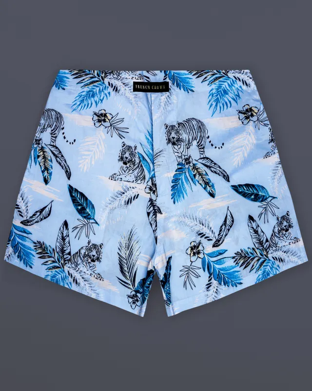 Coral Blue Leaves Printed Poplin Premium Cotton Boxer sold by French Crown