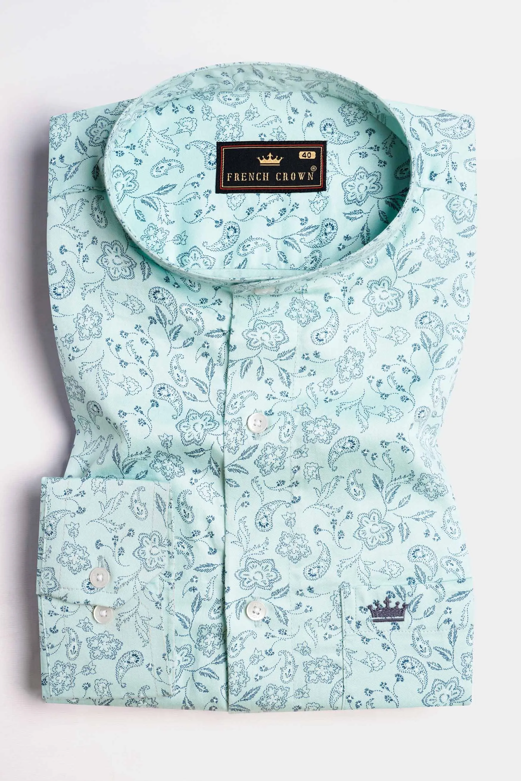 Aqua Blue Paisley Printed Subtle Sheen Super Soft Premium Cotton Shirt sold by French Crown product image thumbnail 3