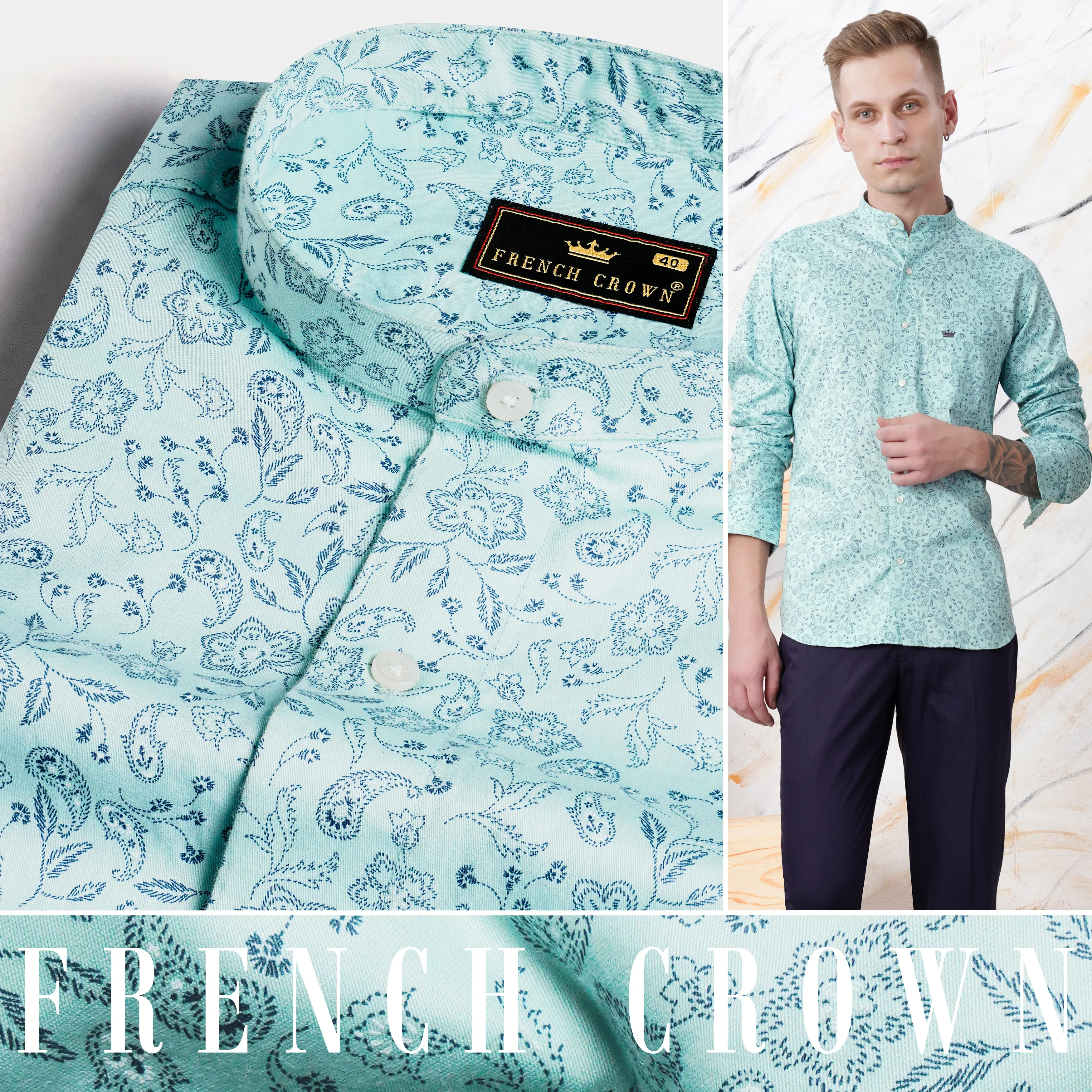 Aqua Blue Paisley Printed Subtle Sheen Super Soft Premium Cotton Shirt sold by French Crown product image thumbnail 4