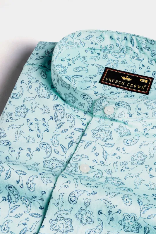 Aqua Blue Paisley Printed Subtle Sheen Super Soft Premium Cotton Shirt made by French Crown
