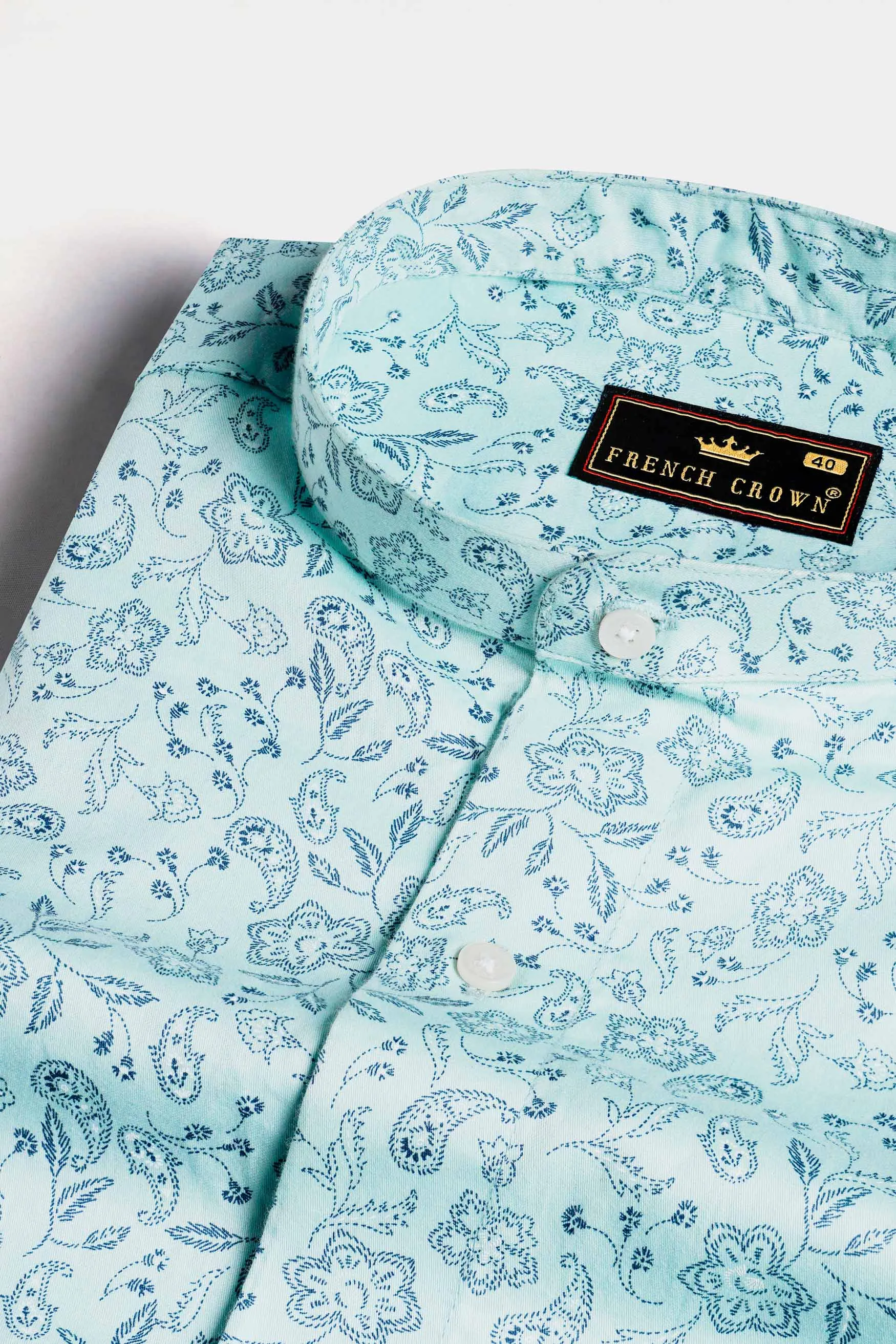 Aqua Blue Paisley Printed Subtle Sheen Super Soft Premium Cotton Shirt sold by French Crown