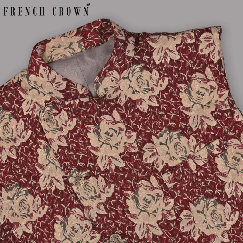 Cream with red Rose jacquard Textured  Designer Nehru Jacket sold by French Crown