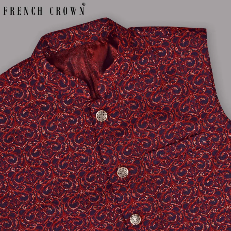 Red with Golden Climber Jacquard Designer Nehru Jacket sold by French Crown