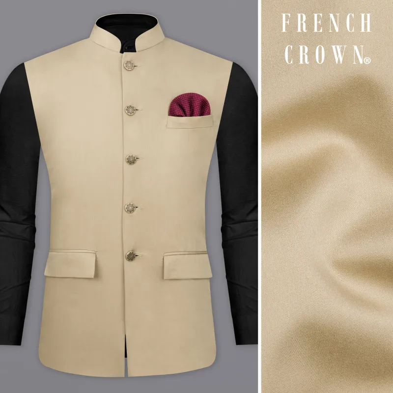 Hazelnut Cream Subtle Sheen Wool rich Nehru Jacket sold by French Crown