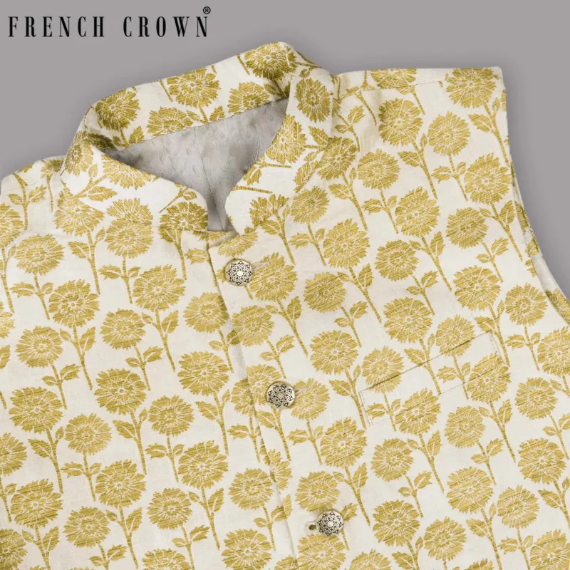 Cream with Golden Marigold Flowers Jacquard Designer Nehru Jacket sold by French Crown