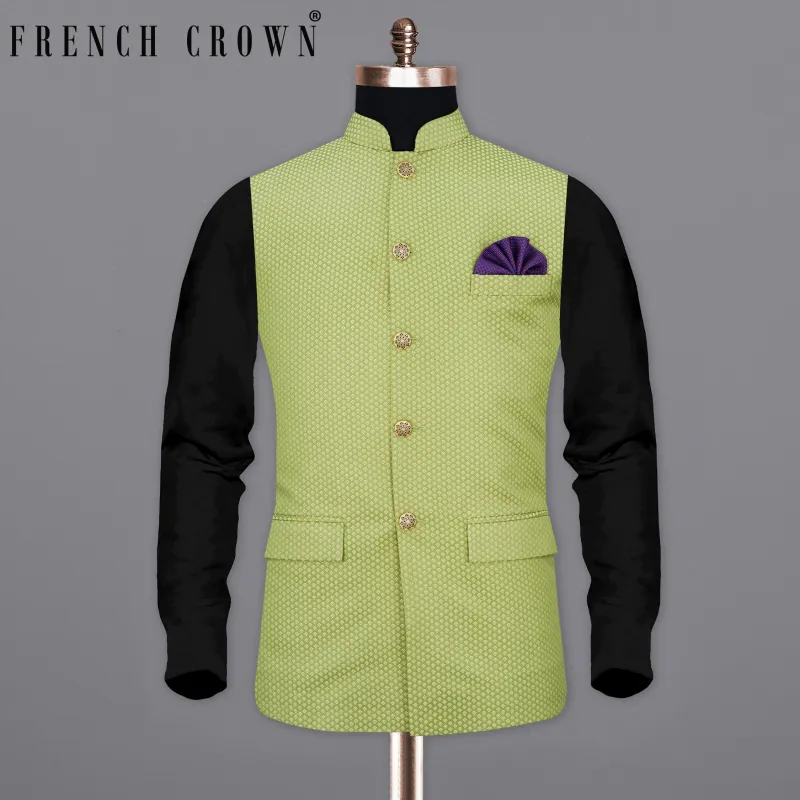 Olivine Green Textured Nehru Jacket sold by French Crown