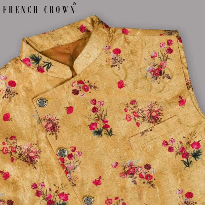 Mustard with Tonal Embroidered and Red flowers Printed Designer Nehru Jacket sold by French Crown