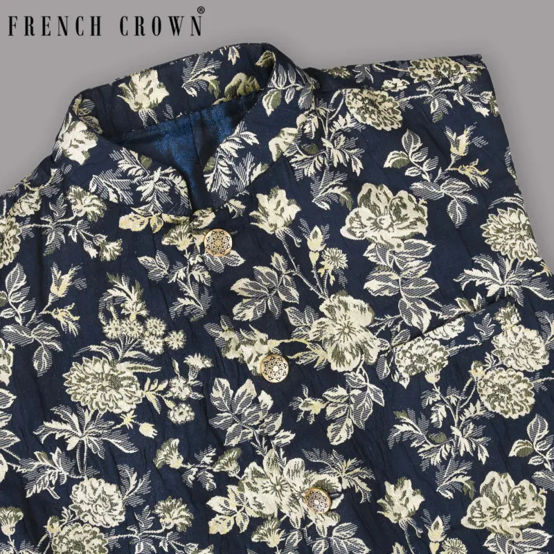 Navy with Golden Flower Jacquard Designer Nehru Jacket sold by French Crown