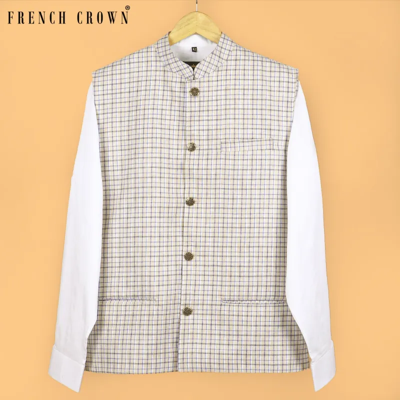 Beige Checked Linen-Jute Blend Nehru Jacket sold by French Crown