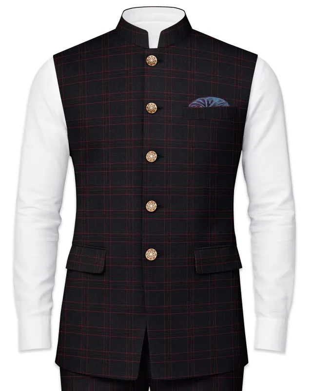 Onyx Black Plaid Nehru Jacket sold by French Crown