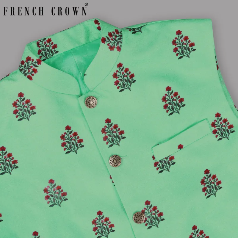 Turquois Flower Patterned and Subtle Textured Designer Nehru Jacket sold by French Crown