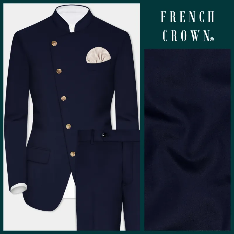Blue Subtle Sheen Cross Placket Bandhgala/Mandarin Wool-Silk blend Suit sold by French Crown