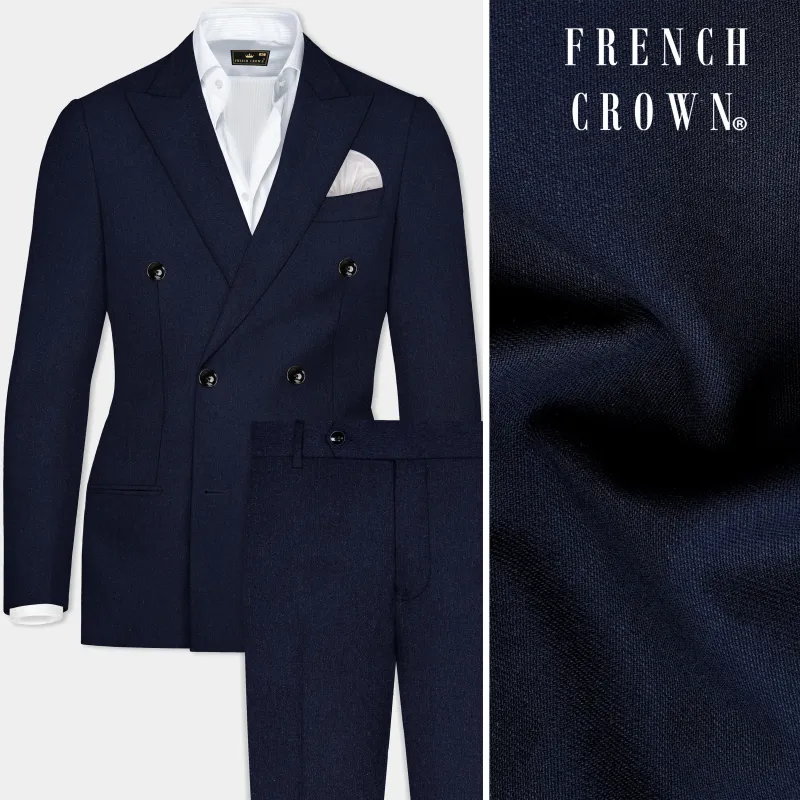 Navy Subtle Sheen Wool Blend Double Breasted Suit sold by French Crown