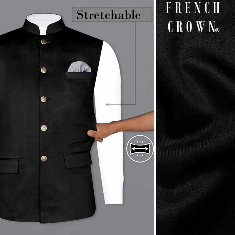 Jade Black Solid Stretchable Premium Cotton Traveler Nehru Jacket sold by French Crown