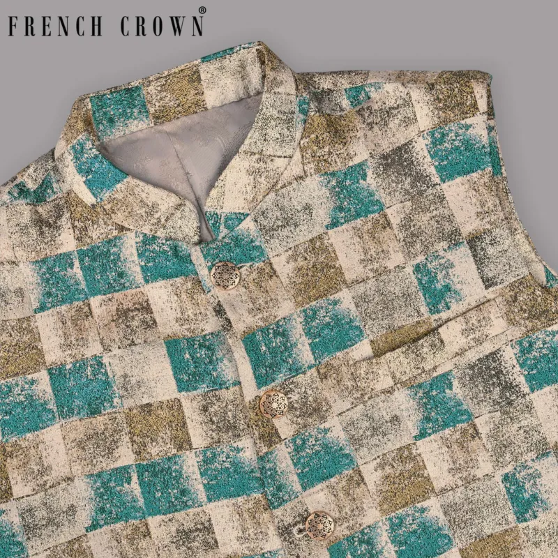 Cream with Golden and Aqua Fading Box Jacquard Textured Designer Nehru jacket sold by French Crown