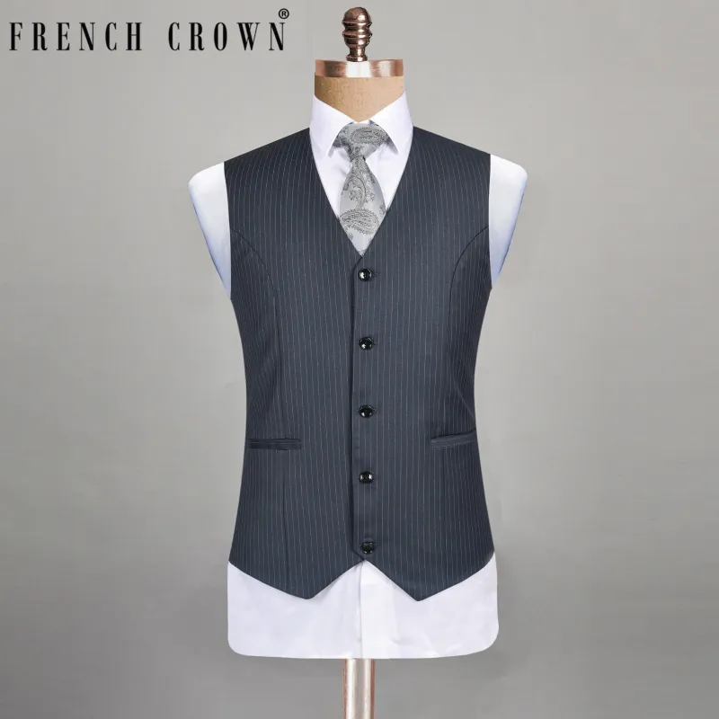 Jade Black Pinstriped wool blend Waistcoat made by French Crown