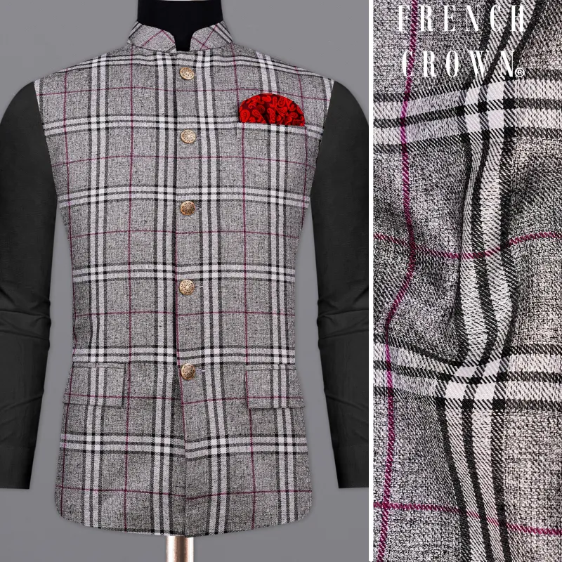 Amethyst Gray with Black Plaid Bandhgala Nehru Jacket sold by French Crown