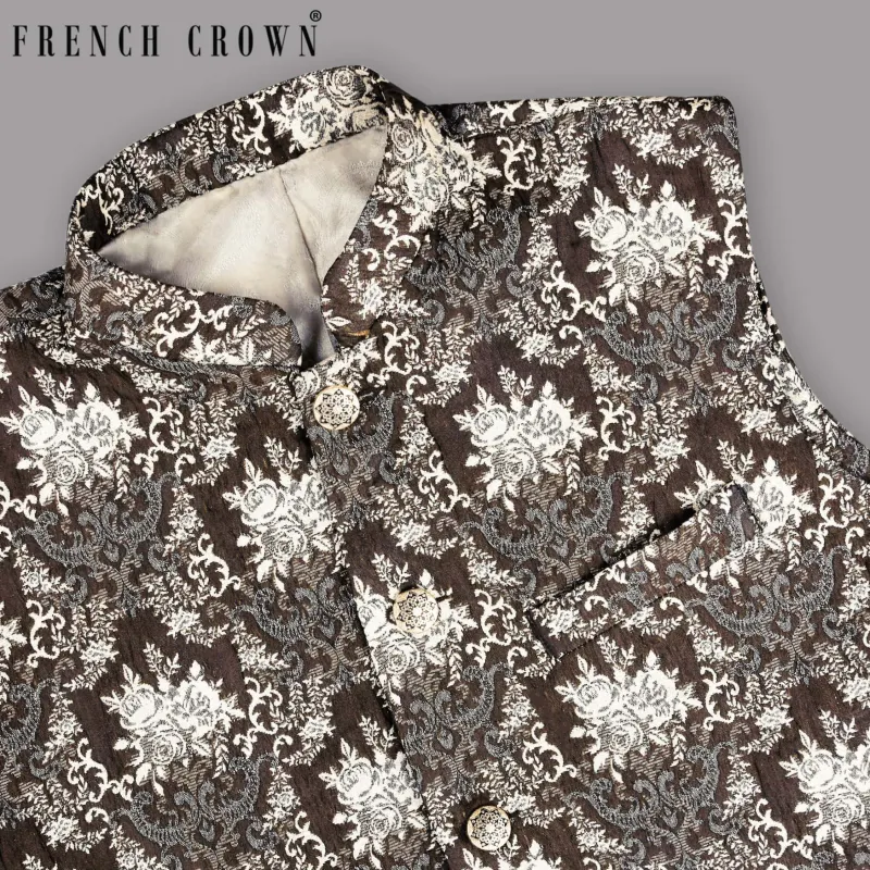 Brown with Cream and Grey Rose Jacquard Premium Designer Nehru Jacket sold by French Crown
