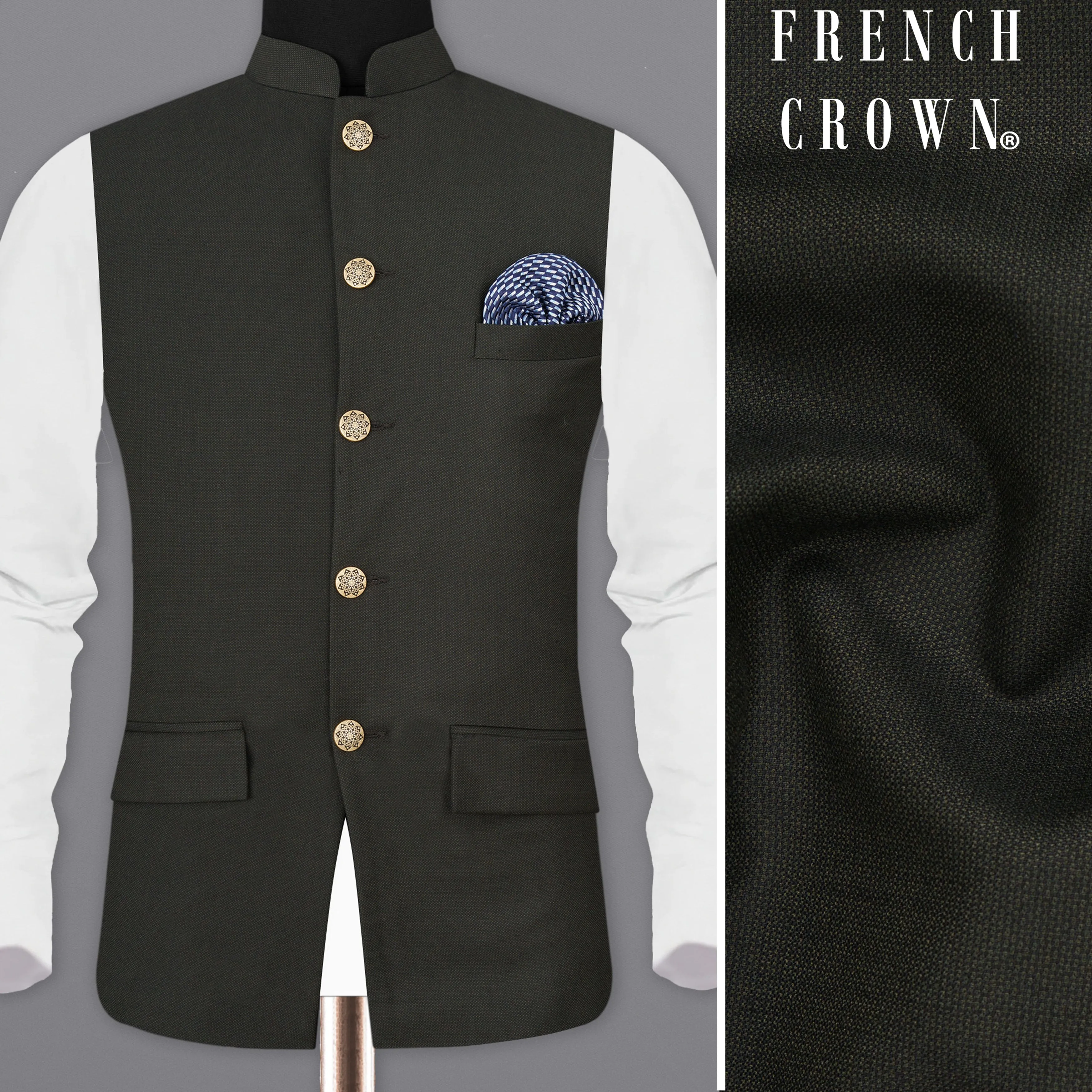 Baltic Sea Black Textured Nehru Jacket sold by French Crown
