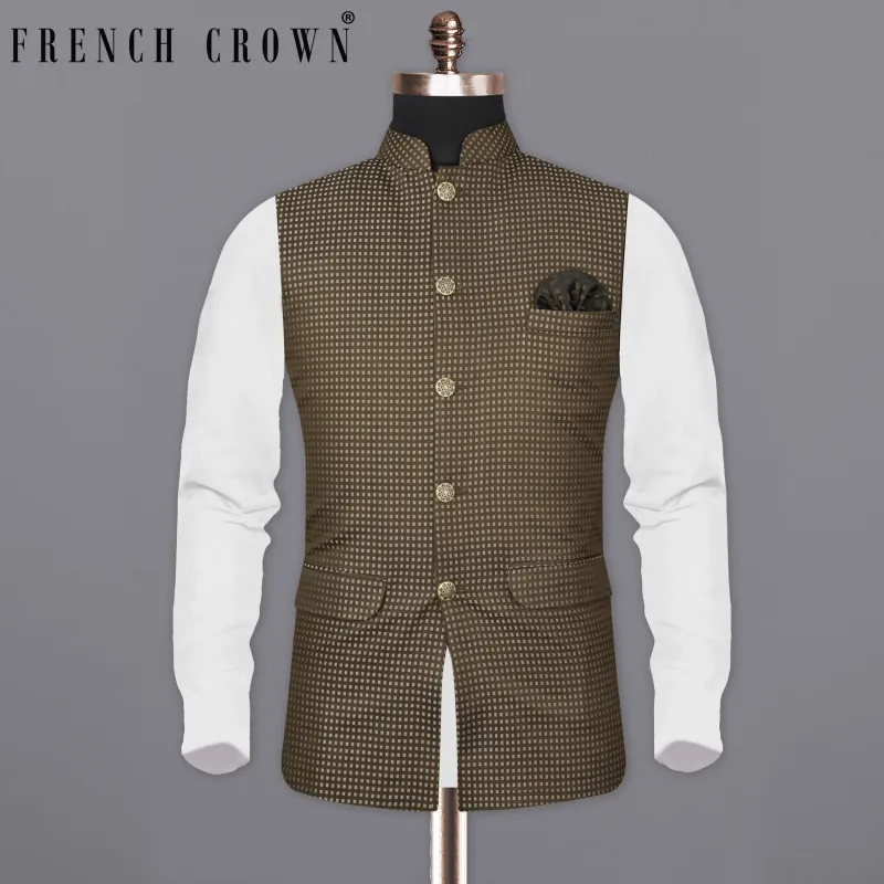 Hemlock Brown Geometric Textured Nehru Jacket sold by French Crown