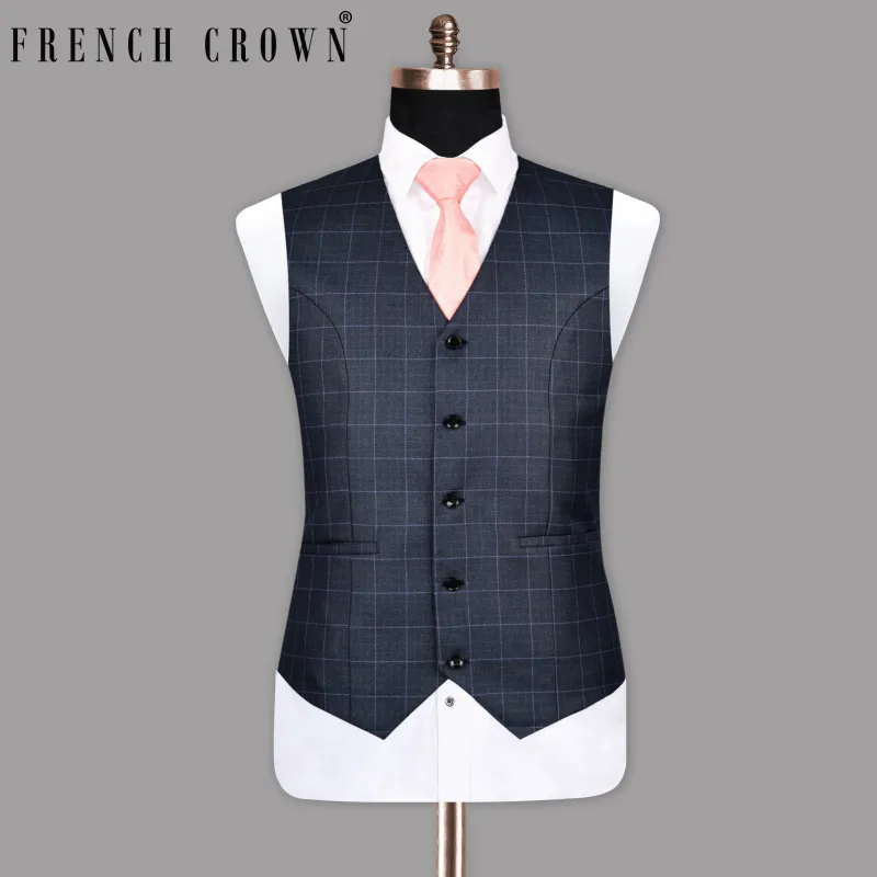 Biscay Blue windowpane Checked Waistcoat sold by French Crown
