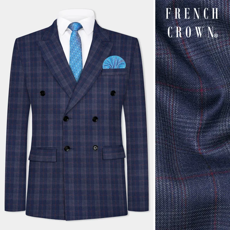 Tuna Blue Checkered Wool Blend Double Breasted Blazer sold by French Crown