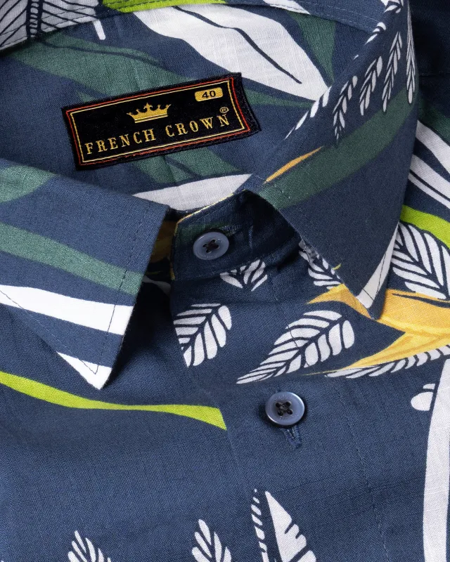 Catalina Blue Leaves Printed Luxurious Linen Shirt sold by French Crown