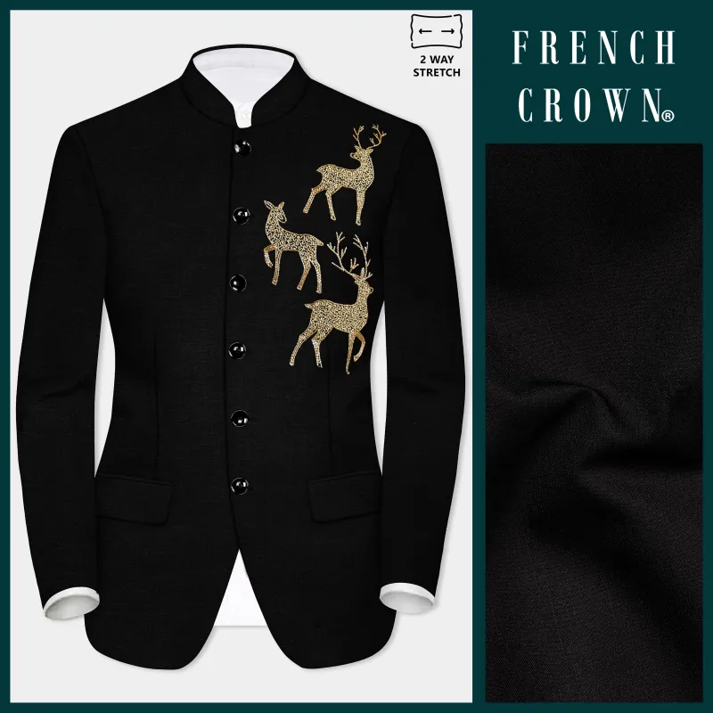 Jade Black Stretchable Wool Rich Deer Hand Crafted Embroidered Bandhgala Designer Blazer sold by French Crown