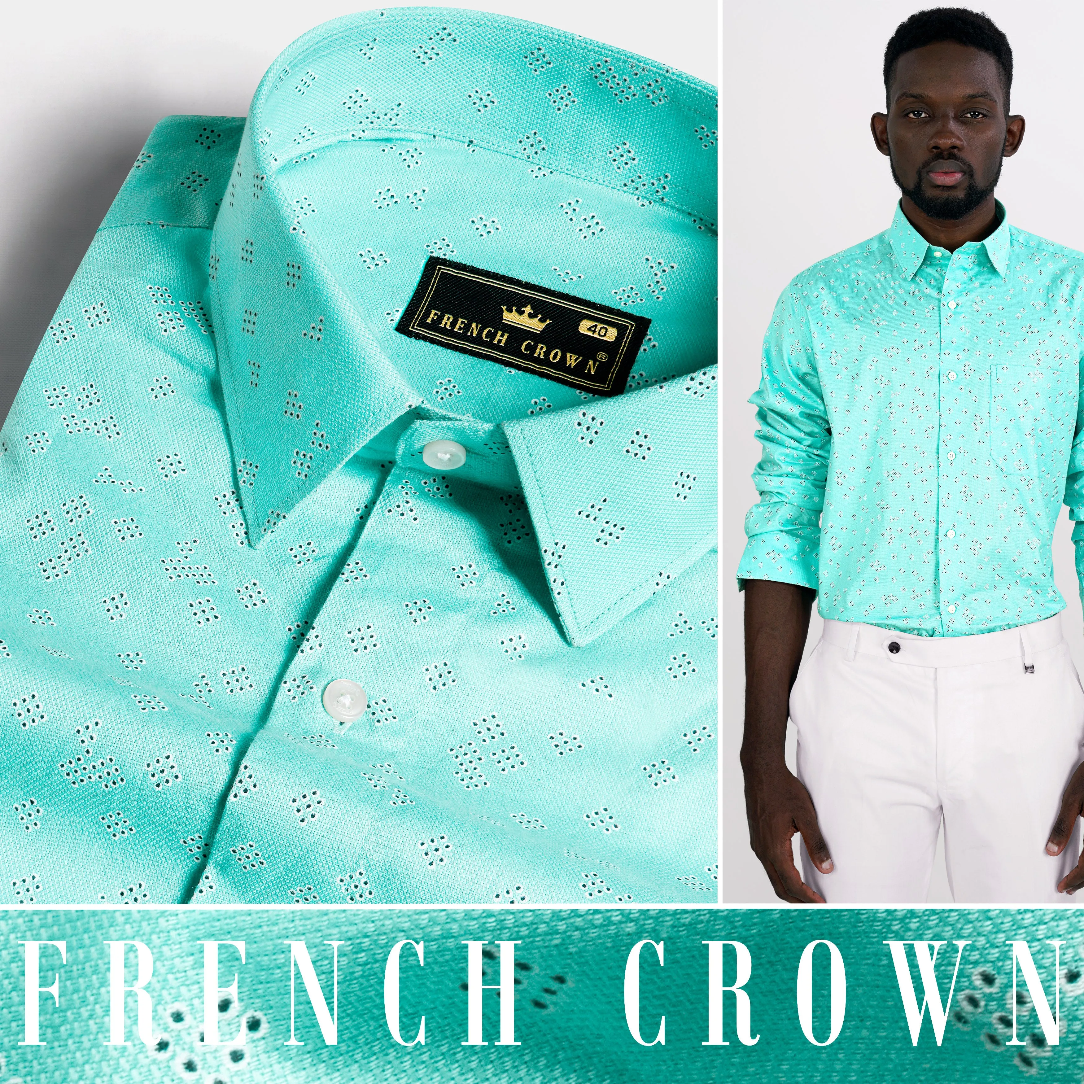 Bermuda Blue with Black and White Dobby Textured Premium Giza Cotton Shirt sold by French Crown product image thumbnail 4