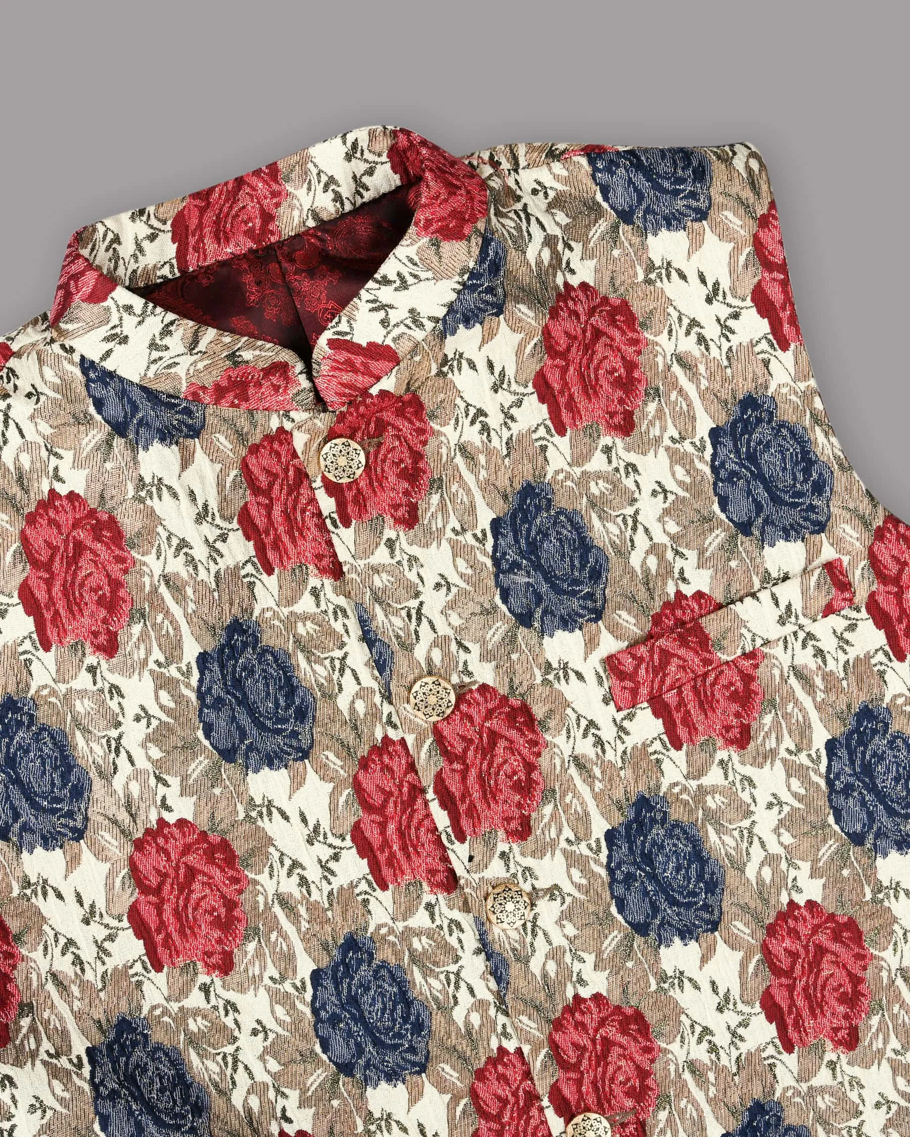 Cream with Red and Blue Flowers Jacquard Designer Nehru Jacket sold by French Crown product image thumbnail 2