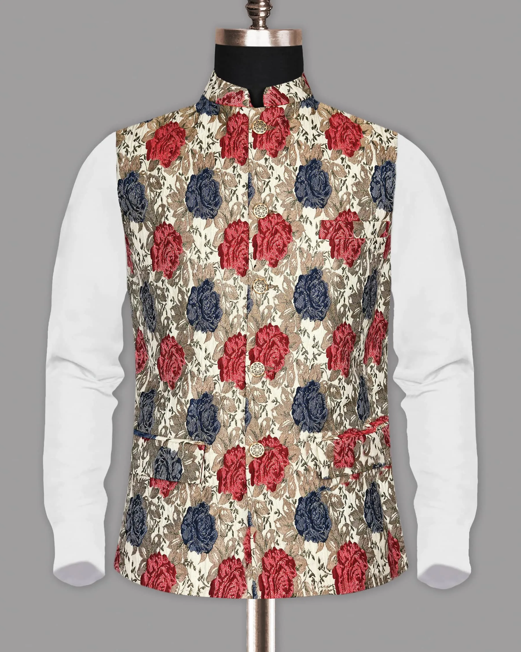 Cream with Red and Blue Flowers Jacquard Designer Nehru Jacket sold by French Crown product image thumbnail 5