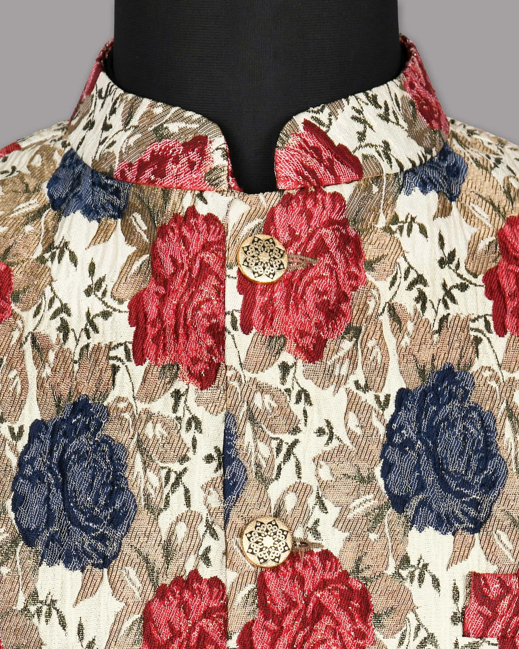 Cream with Red and Blue Flowers Jacquard Designer Nehru Jacket sold by French Crown product image thumbnail 4
