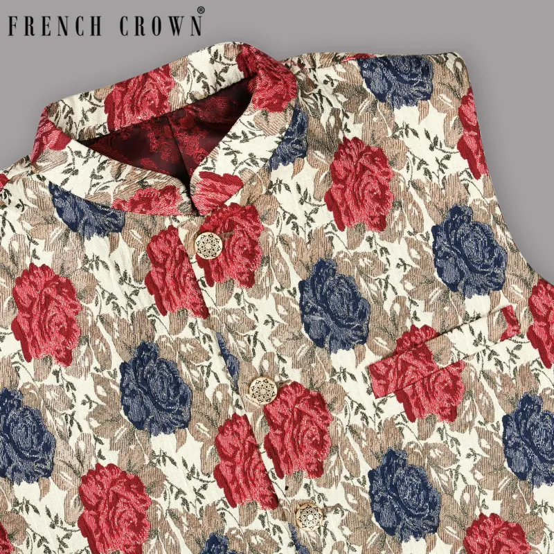 Cream with Red and Blue Flowers Jacquard Designer Nehru Jacket sold by French Crown