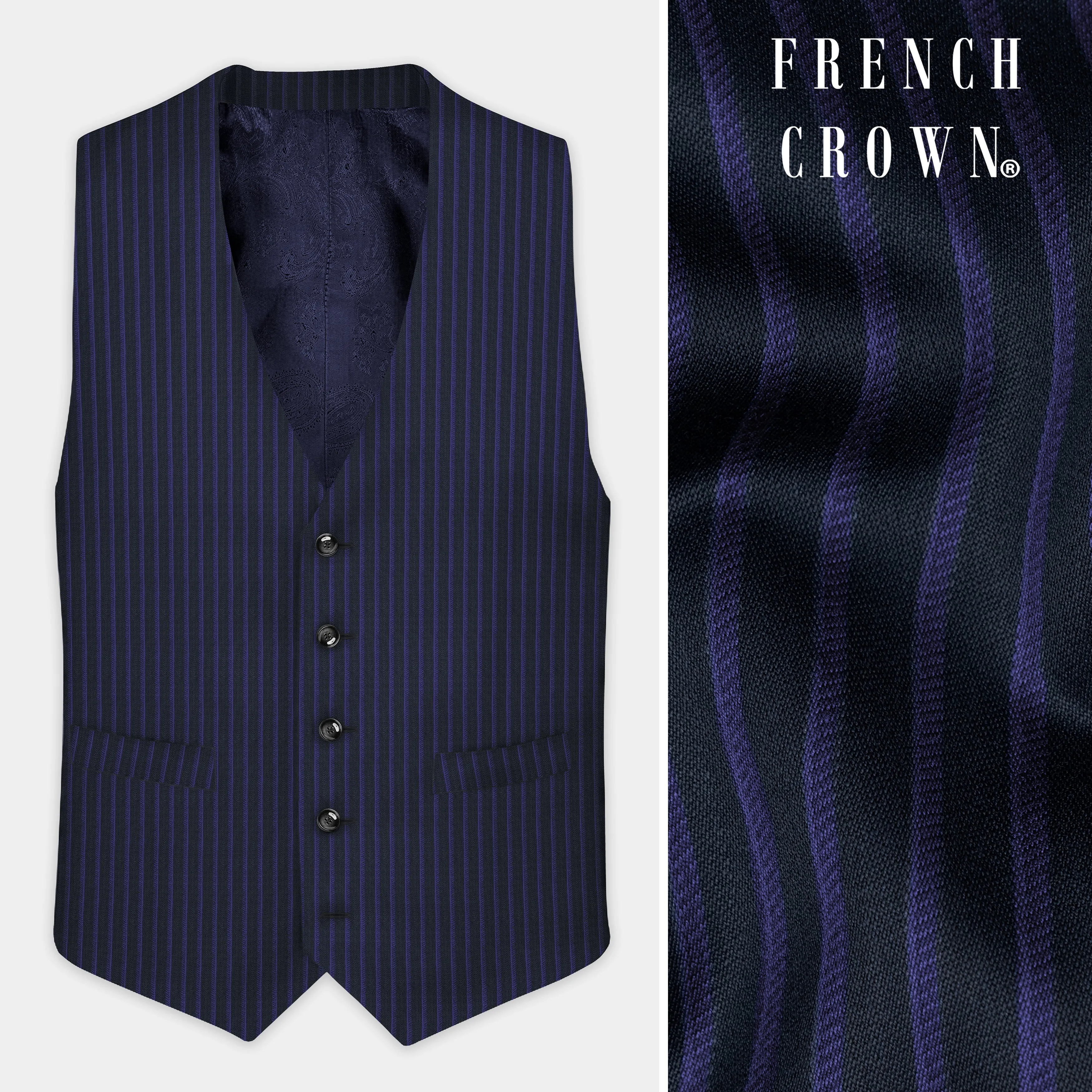 Shark Black with Blue Striped Wool Blend Waistcoat sold by French Crown