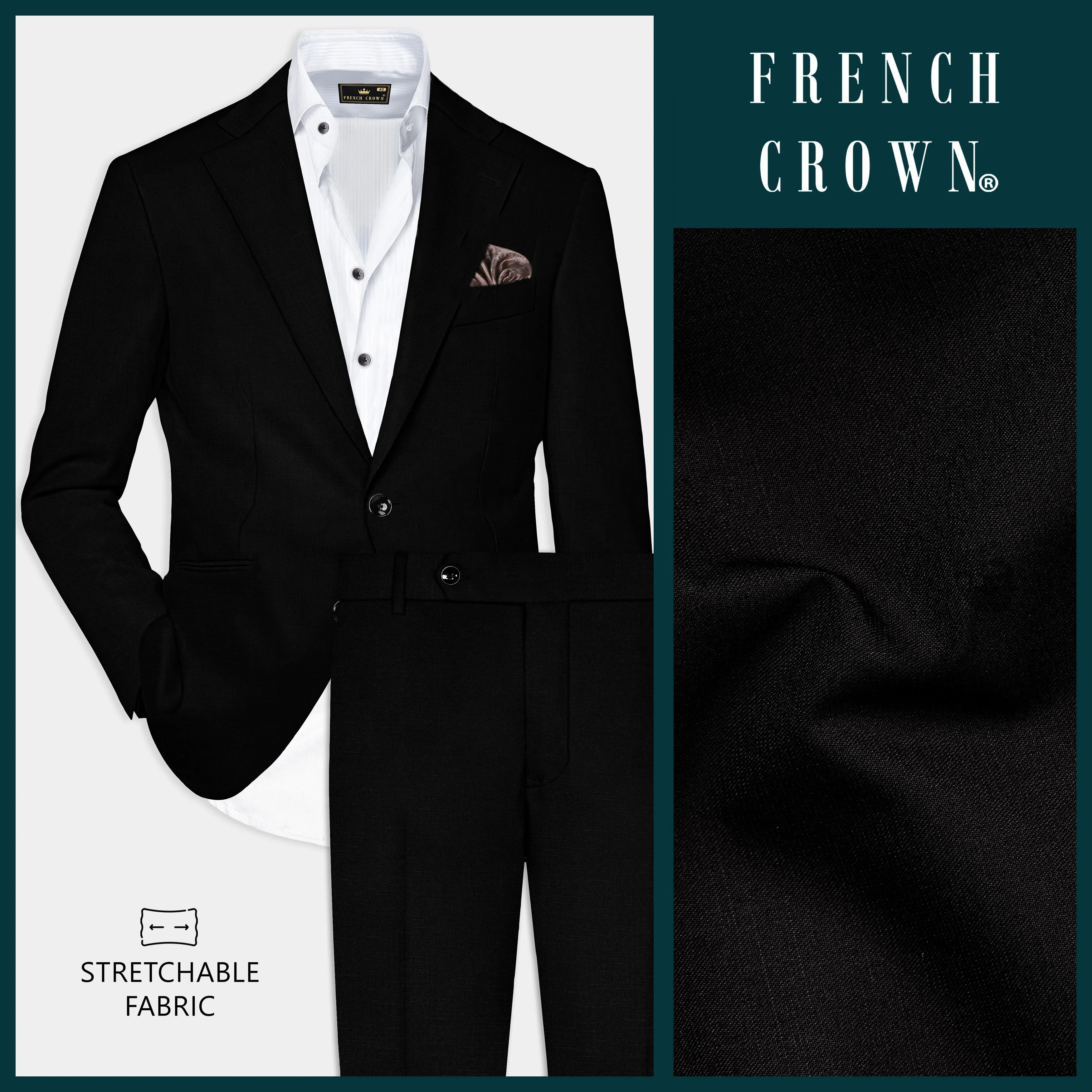 Jade Black Stretchable Subtle Sheen Suit sold by French Crown