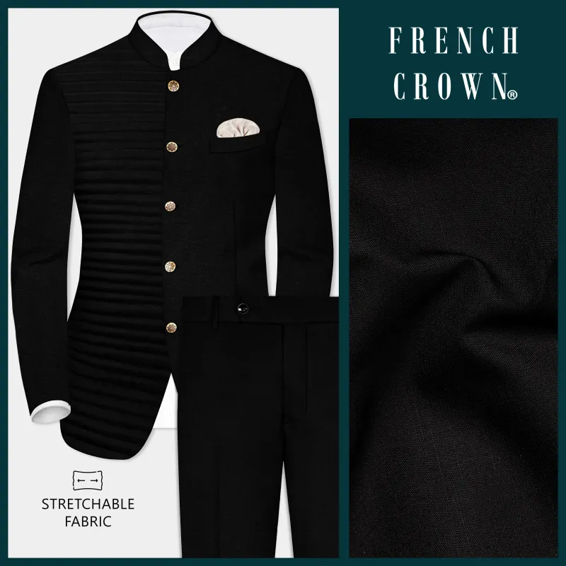 Jade Black Stretchable Subtle Sheen With horizontal stitches Bandhgala Designer Suit sold by French Crown