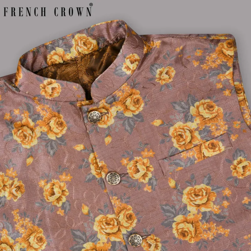Rosewood with Tonal embroidered and Mustard Flowers Printed Premium Designer Nehru Jacket sold by French Crown