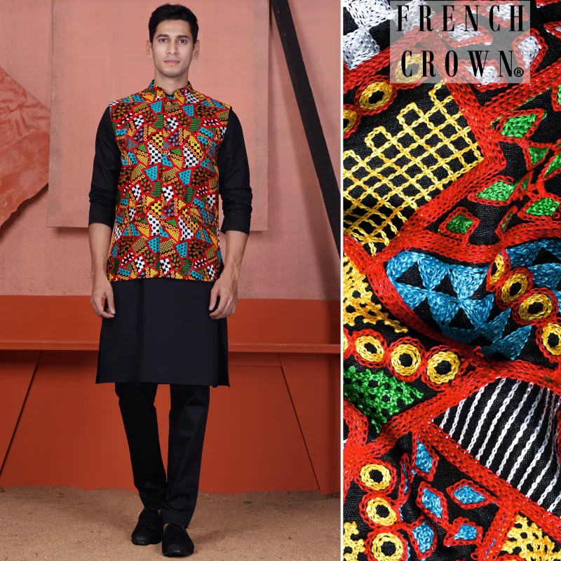 Jade Black Kurta with Carnelian Red and Kelly Green Multicolour Cotton Thread Embroidered Designer Nehru Jacket sold by French Crown