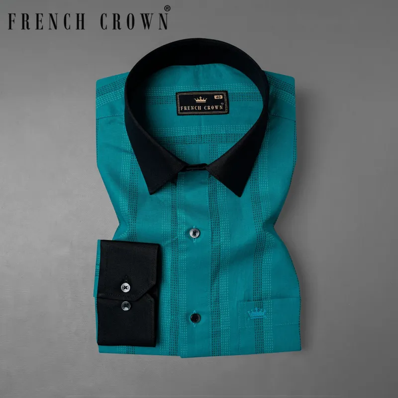 Dark Aqua Blue with Swamp Black Collar and Cuffs Twill Premium Cotton Shirt sold by French Crown
