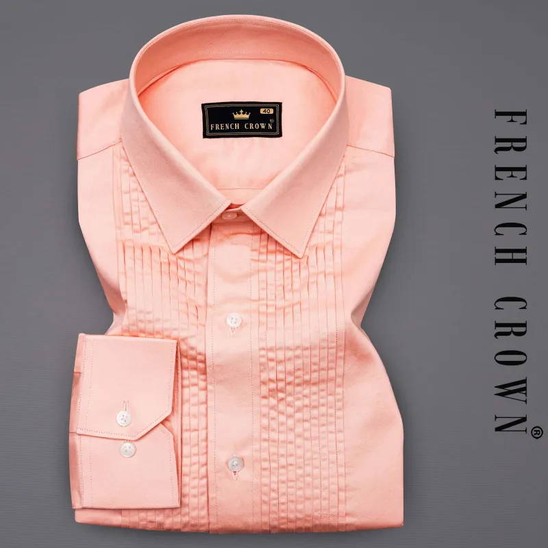 Melon Peach Subtle Sheen Snake Pleated Super Soft Premium Cotton Tuxedo Shirt sold by French Crown