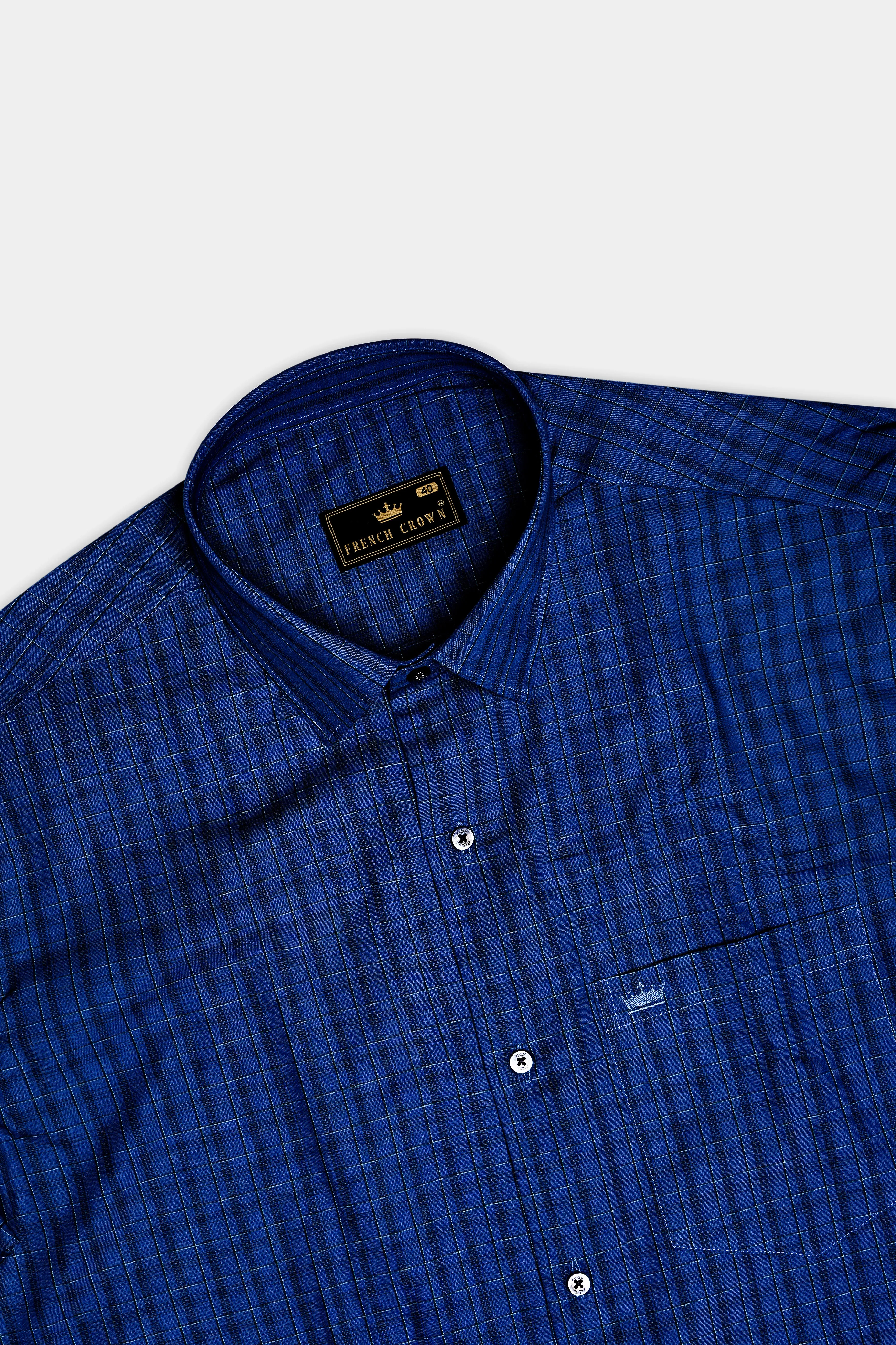 Dark Midnight Blue Plaid Poplin Giza Cotton Shirt sold by French Crown product image thumbnail 5