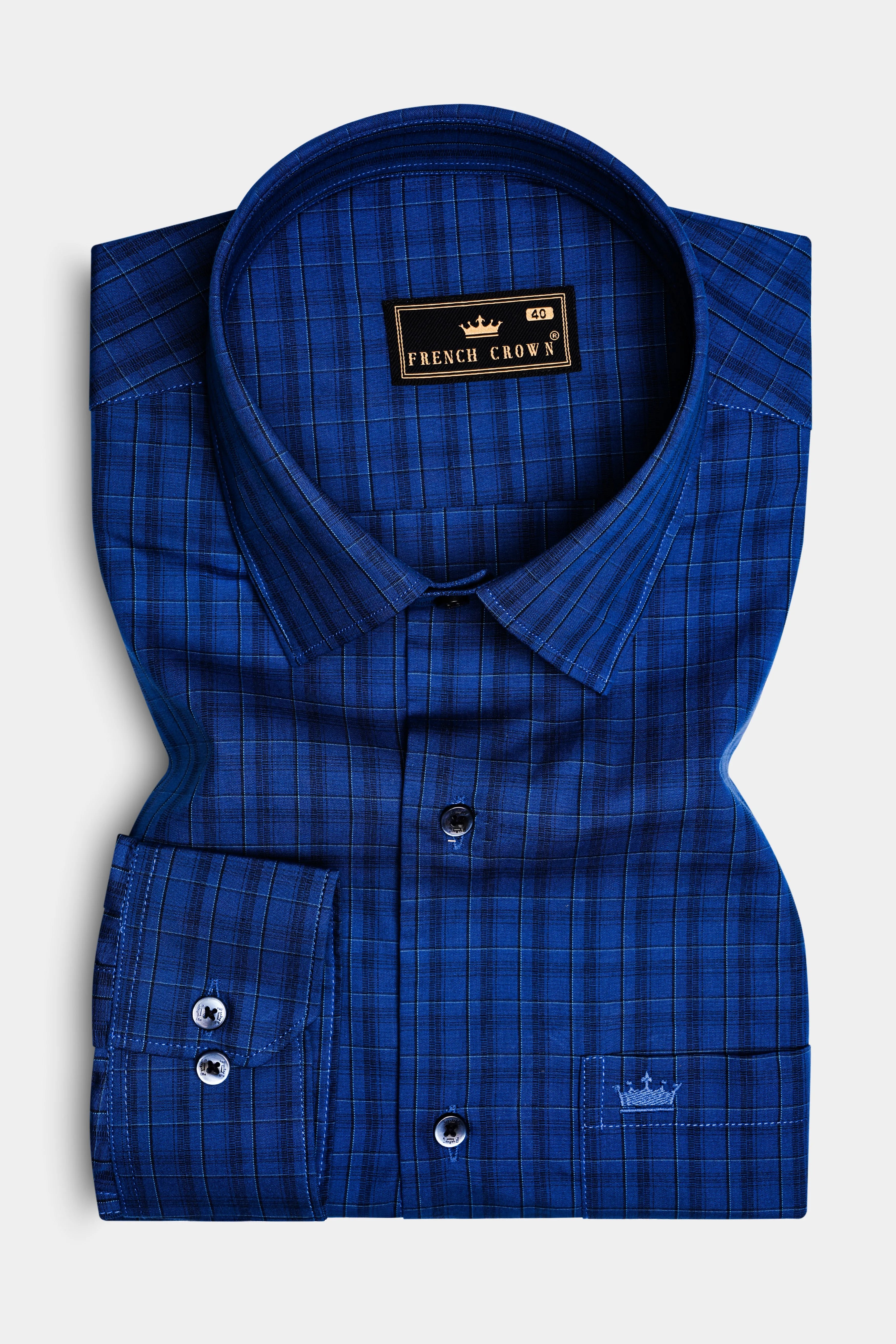 Dark Midnight Blue Plaid Poplin Giza Cotton Shirt sold by French Crown product image thumbnail 4