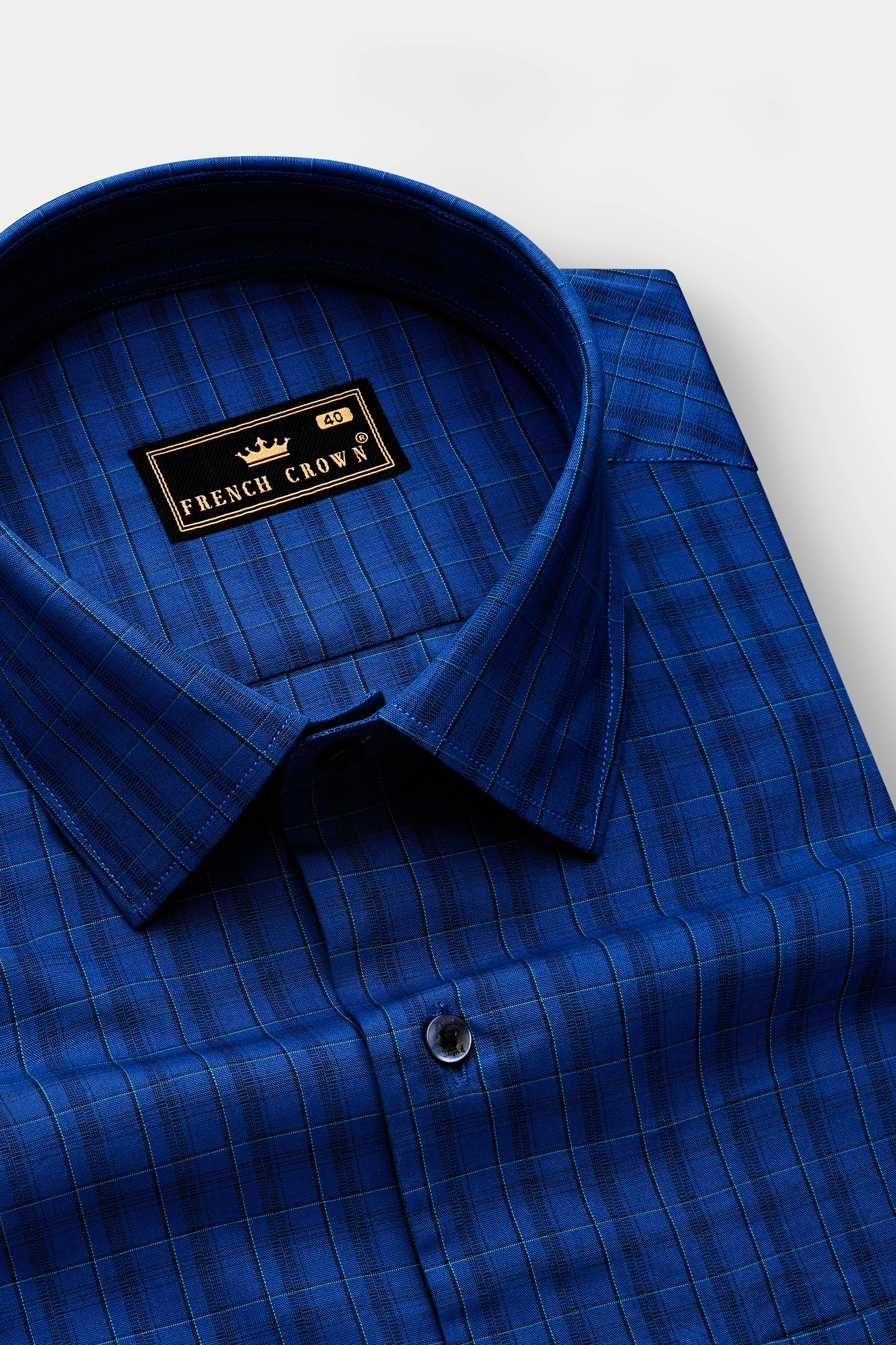 Dark Midnight Blue Plaid Poplin Giza Cotton Shirt sold by French Crown product image thumbnail 2