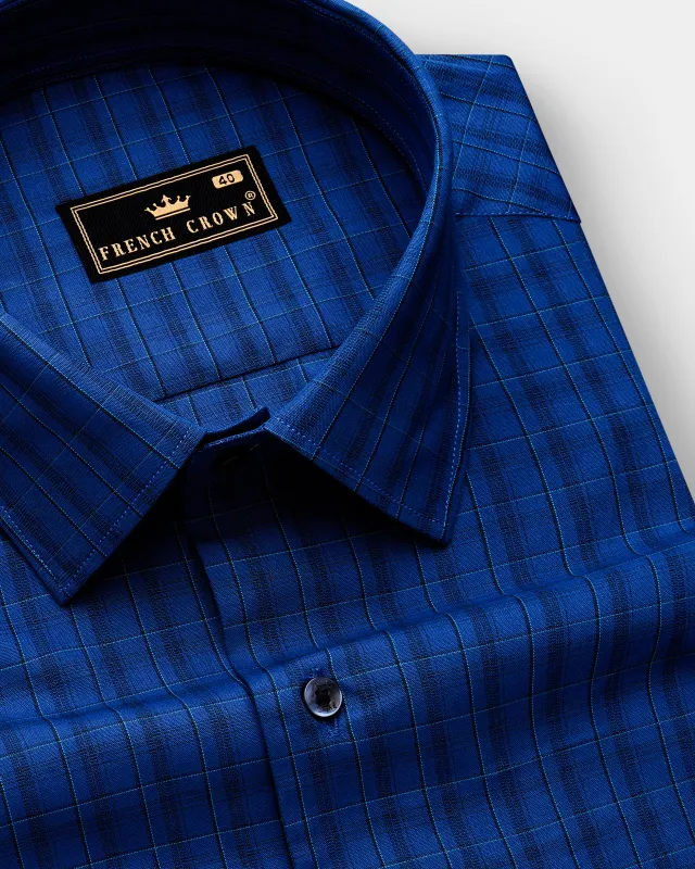 Dark Midnight Blue Plaid Poplin Giza Cotton Shirt sold by French Crown